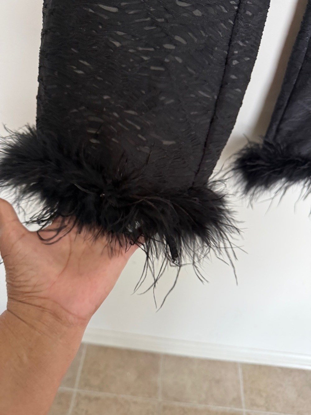Amylynn Black Textured Pants with Feather Trim - Picture 3 of 12
